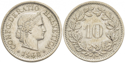 ШВЕЙЦАРИЯ 10 РАППЕНОВ 1968 KM 27 медно-никель 4516-829