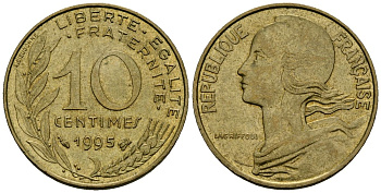 Франция 10 сантимов 1995 тип Marianne KM 929 алюминиевая бронза 4136-434