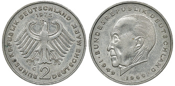 ФРГ 2 МАРКИ 1975 G, КОНРАД АДЕНАУЭР KM 124, J. 406 медно-никель плакированный никелем плакированный никелем UNC 72-457
