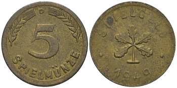 ФРГ 5 ИГРОВЫХ ПФЕННИГОВ 1949 SPILGELD, ЖЕТОН, ДИАМЕТР 13 ММ. латунь 99-436