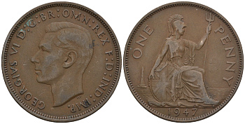 Великобритания 1 пенни 1947 Георг VI (1936-1952) KM 845, Spink 4114 бронза 4607-1234