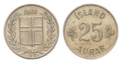 Исландия 25 эйре 1966 KM 11 медно-никель UNC 4690-642