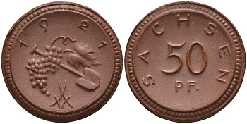 Саксония 50 пфеннигов 1921 виноград и лопата J. N 54 фарфор 1094-5-75