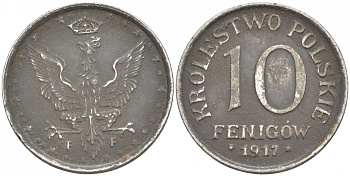 ПОЛЬША 10 ФЕНИГОВ 1917 FF, ПЕРВАЯ МИРОВАЯ ВОЙНА, НЕМЕЦКАЯ ОККУПАЦИЯ, ЛЕГЕНДА НЕ КАСАЕТСЯ КРАЯ KM 6 железо 4548-1011