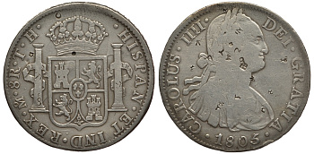 МЕКСИКА 8 РЕАЛОВ 1805 TH, КАРЛ IV, надчеканка Юго-Восточная Азия KM 109 серебро 06-273-33