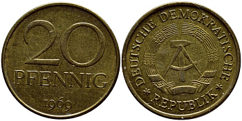 ГДР 20 пфеннигов 1969 А, первый год KM 11 латунь UNC 4398-224