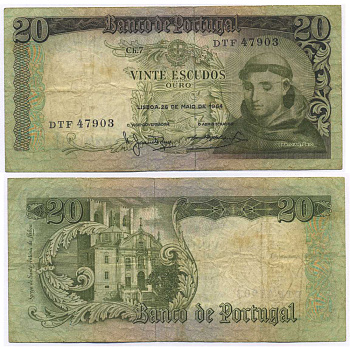 Португалия 20 эскудо 1964 Антоний Падуанский Pick 167 b бумага 8595-18-2-1