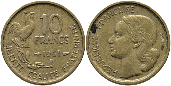 Франция 10 франков 1951 B, петух KM 915.2, Le Franc 363.5 алюминиевая бронза 65-1032