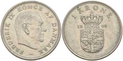ДАНИЯ 1 КРОНА 1969 C; S, ФРЕДЕРИК IX (1947-1972) KM 851.1 медно-никель 4364-1312