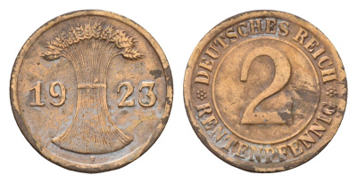 Германия 2 рентенпфеннига 1923 F KM 31, J. 307 бронза 4630-1169