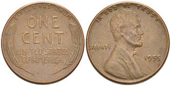 США 1 ЦЕНТ 1955 ЛИНКОЛЬН KM А132 медь цинк 3309-1142