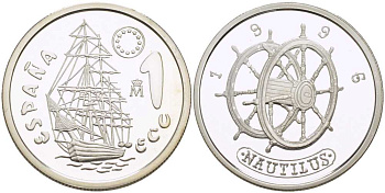 Испания 1 экю 1996 парусник Timon, в оригинальной деревянной коробке, с сертификатом  серебро  PROOF  4-3-1-10