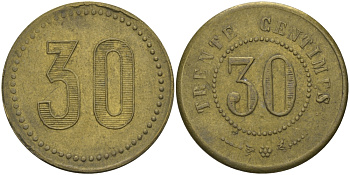 ФРАНЦИЯ 30 САНТИМОВ ND ПЛАТЕЖНЫЙ ЖЕТОН НАЧАЛА XX ВЕКА, НОМИНАЛ НА АВЕРСЕ ЦИФРАМИ И ПРОПИСЬЮ, ДИАМЕТР 24 ММ. латунь 65-337