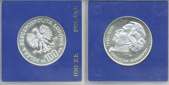 Польша 100 злотых 1975 MW, Игнаций Ян Падеревский (1860-1941), в оригинальной пластиковой упаковке KM 77, Parchimowicz 273 серебро PROOF 5-3-1-19