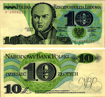 Польша 10 злотых 1982 Юзеф Захариаш Бем Pick 148 a бумага UNC (пресс) 00-00