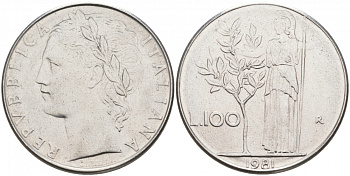 ИТАЛИЯ 100 ЛИР 1981 R, АФИНА KM 96.1 нержавеющая сталь 3855-826