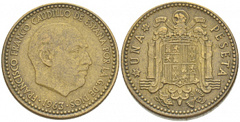 ИСПАНИЯ 1 ПЕСЕТА 1963 (65) ФРАНСИСКО ФРАНКО ДИКТАТОР ИСПАНИИ (1939-1975) KM 775 алюминиевая бронза 87-1442