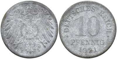 ГЕРМАНИЯ 10 ПФЕННИГОВ 1921 KM 26, J. 299 цинк 4401-211