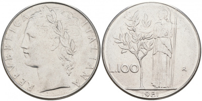 ИТАЛИЯ 100 ЛИР 1981 R, АФИНА KM 96.1 нержавеющая сталь 3855-826