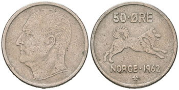 Норвегия 50 эре 1962 Улаф V (1957-1991) KM 408 медно-никель 4175-556