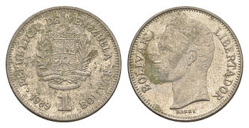 Венесуэла 1 боливар 1989 Симон Боливар, тонкий шрифт Y 52a.1 сталь плакированная никелем 4591-333