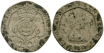 Великобритания 20 пенсов 1982 Елизавета II (1952-2022) KM 931, Spink 4230 (G1) медно-никель 24-152