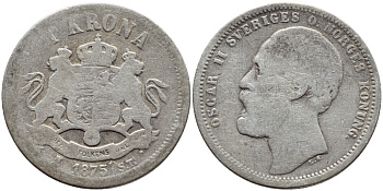 Швеция 1 крона 1875 ST, Оскар II (1872-1907) король Швеции и Норвегии KM 741 серебро 1530-914