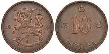 Финляндия 10 пенни 1938 KM 24 медь 51-3021