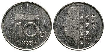 НИДЕРЛАНДЫ 10 ЦЕНТОВ 1985 БЕАТРИКС KM 203 никель 45-1168