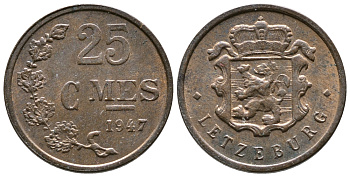 Люксембург 25 сантимов 1947 Шарлотта (1918-1964) KM 45 бронза 220-628