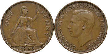 Великобритания 1 пенни 1946 Георг VI (1936-1952) КМ 845, Spink 4114 бронза 115-425