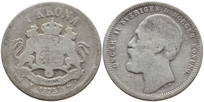 Швеция 1 крона 1875 ST, Оскар II (1872-1907) король Швеции и Норвегии KM 741 серебро 1530-914