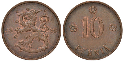 Финляндия 10 пенни 1938 KM 24 медь 51-3021