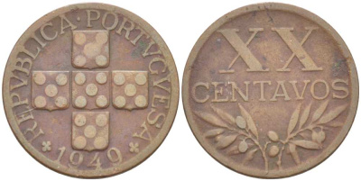 ПОРТУГАЛИЯ 20 СЕНТАВО 1949 KM 584 бронза 4513-1236