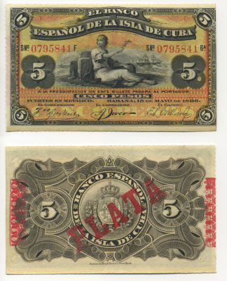 Куба 5 песо 1896 Испанская Администрация, красная надпечатка PLATA Pick 48b бумага UNC (пресс) 448-32-2-1