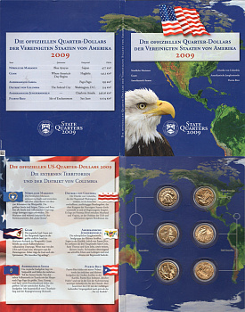 США набор из 6 монет (25 центов, 1/4 доллара, квотер) 2009 серия штаты США, в красочной упаковке KM 445, 446, 447, 448, 449 и 466 медь плакированная медно-никелем 3-4-8-11