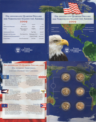 США набор из 6 монет (25 центов, 1/4 доллара, квотер) 2009 серия штаты США, в красочной упаковке KM 445, 446, 447, 448, 449 и 466 медь плакированная медно-никелем 3-4-8-11
