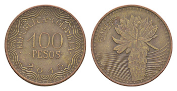 Колумбия 100 песо 2015 KM 296 сталь плакированная латунью 4613-232