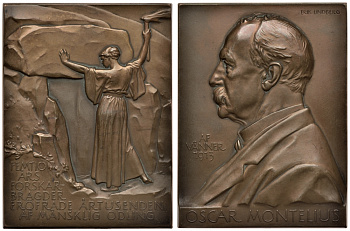 ШВЕЦИЯ ПЛАКЕТКА 1913 ОСКАР МОНТЕЛИУС. ШВЕДСКИЙ АРХЕОЛОГ, 50 ЛЕТ ТРУДОВОЙ ДЕЯТЕЛЬНОСТИ, РАЗМЕР 47,5 Х 63 ММ., ВЕС 92,9 ГР. бронза 1079-3-43