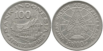 Индонезия 100 рупий 1978 хижина Минангкабау, легендарное дерево жизни KM 42 медно-никель 111-125