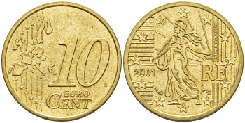 Франция 10 евроцентов 2001 KM 1285 латунь 216-1145