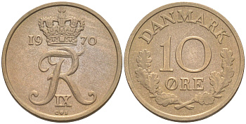 ДАНИЯ 10 ЭРЕ 1970 C; S, ФРЕДЕРИК IX (1947-1972) KM 849.1 медно-никель UNC 187-652