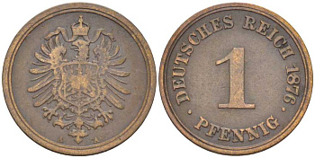 ГЕРМАНИЯ 1 ПФЕННИГ 1876 A, СТАРОГЕРБОВКА KM 1, J. 1, Weege 1 медь 206-1046