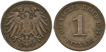 Германия 1 пфенниг 1904 G, Вильгельм II (1888-1918) KM 10, J. 10 медь 4608-233
