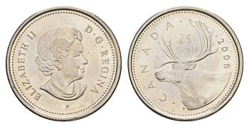 Канада 25 центов 2006 P, Елизавета II (1952-2022), олень KM 493 сталь плакированная никелем UNC 4631-721