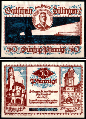 Диллинген-на-Дунае (Бавария) 50 пфеннигов 1920 Mehl Grabowski 274.3b бумага 7555-54-3-1