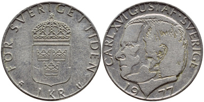 Швеция 1 крона 1977 Карл XVI Густав (1973- ) KM 852 медь плакированная медно-никелем 4397-845