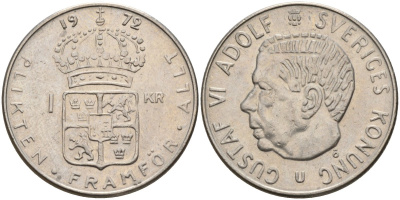 Швеция 1 крона 1972 U, Густав VI Адольф (1950-1973) KM 826a медь плакированный медно-никелем 4150-334