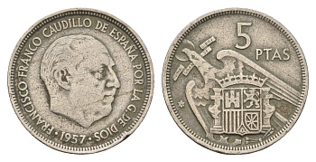 Испания 5 песет 1957 (58) Франсиско Франко (1939-1975) KM 786 медно-никель 4707-323