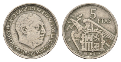 Испания 5 песет 1957 (58) Франсиско Франко (1939-1975) KM 786 медно-никель 4707-323